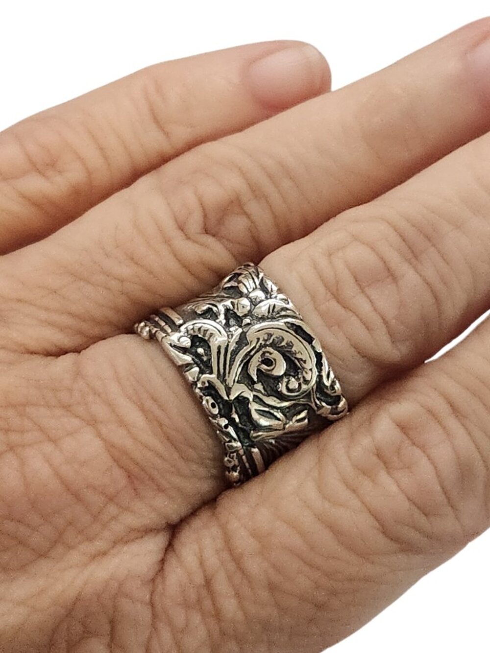 Sterling Silver Wide Floral Scroll Ring | 14mm Statement Band Size 8
